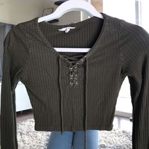 Forest Green Lace Up Long Sleeve Crop Top
